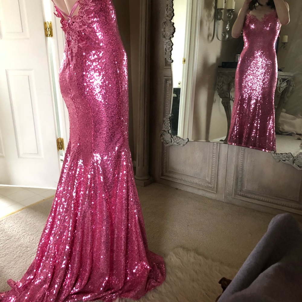 Pink sequin prom dress.